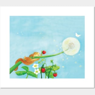 Playful Hazel Dormouse Clinging onto a Dandelion Puff Posters and Art